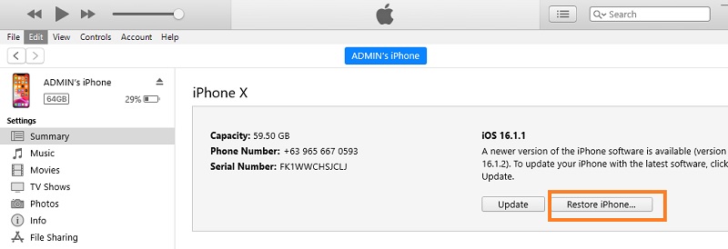 restore and update phone using itunes